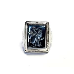 10K Intaglio Men Ring Hematite White Gold Size 9